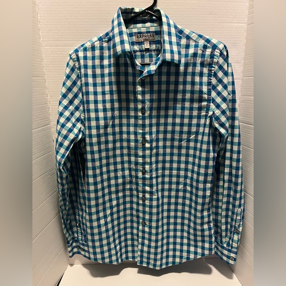 Express men's modern fit teal and white gingham long-sleeve button-down shirt